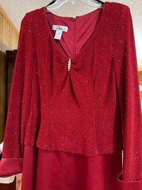Patra Red Sparkle Evening Top with V-Neck Rhinestone Detail